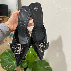 Zara Black Pointed Mules with Buckle